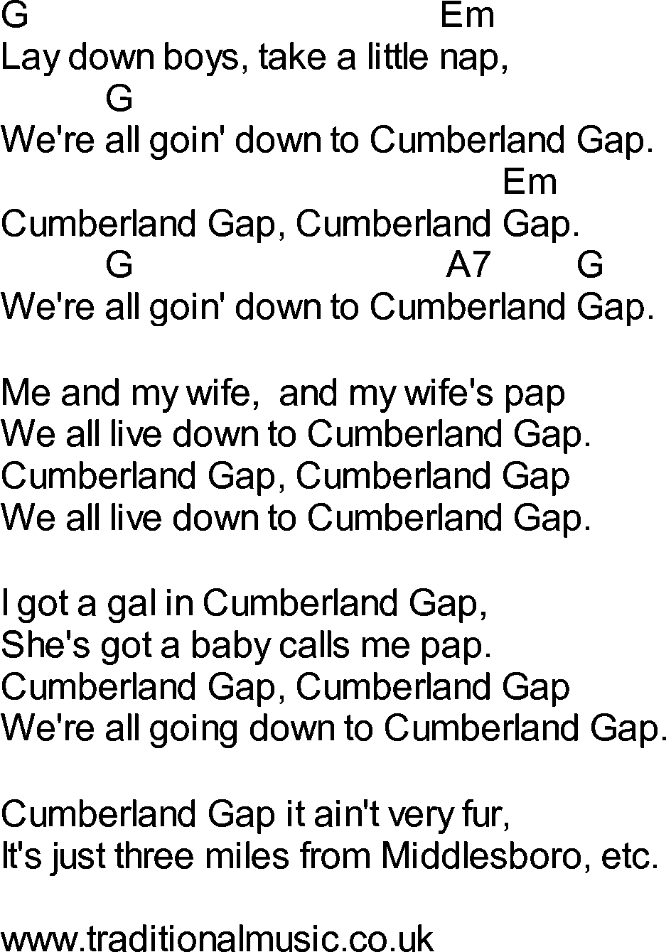 Bluegrass songs with chords - Cumberland Gap